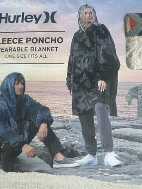 Hurley Fleece Poncho Wearable Blanket One Size Fits All With Pockets And Hood